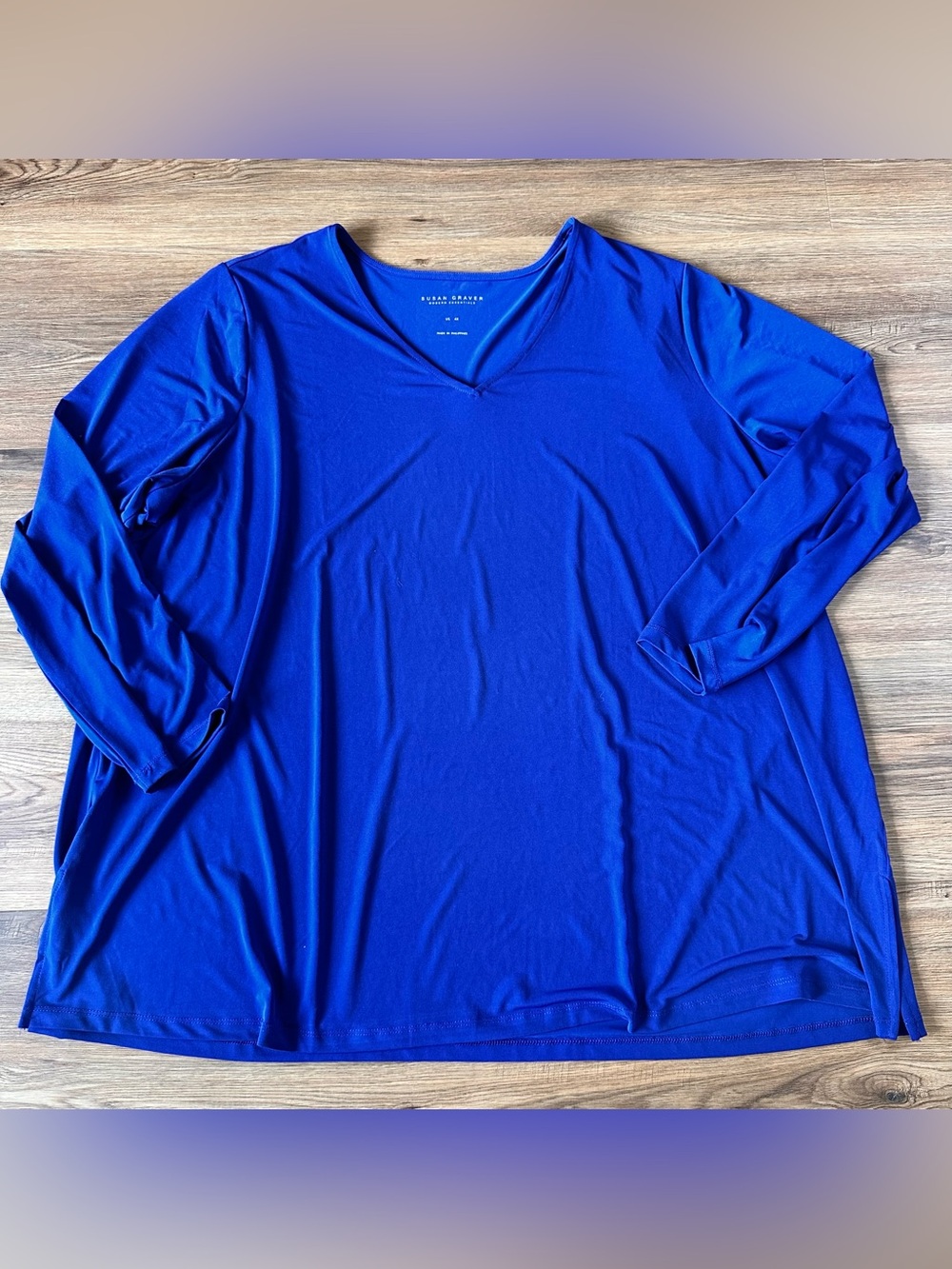 Susan Graver Blue Long Sleeve Tunic Blouse 4X Liquid Knit Shirt Classic V-Neck